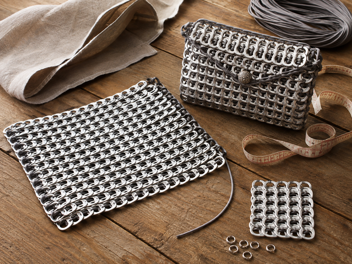 Handmade purse panel woven from overlapping aluminum soda can tabs