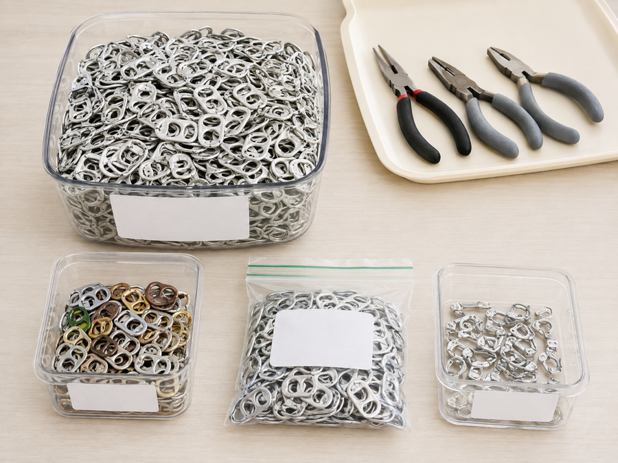 Aluminum pop tabs divided into trays for a group craft activity