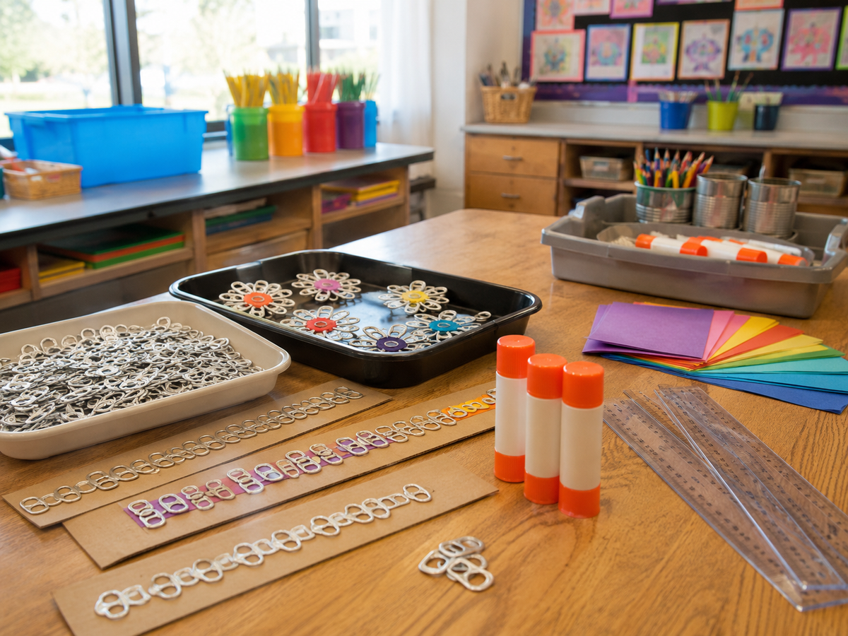 Aluminum pop tabs shown in a craft, classroom, or collection project