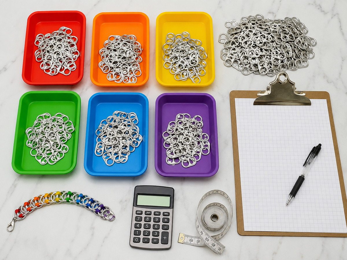 Aluminum pop tabs shown in a craft, classroom, or collection project