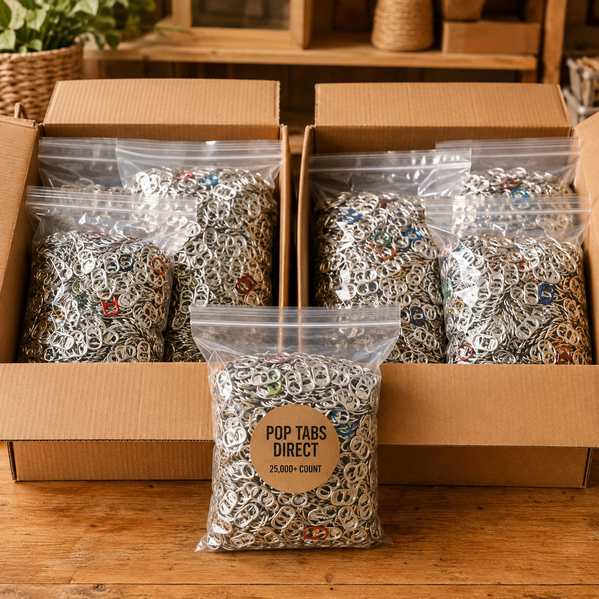 25,000+ bulk aluminum pop tabs in a clear resealable package