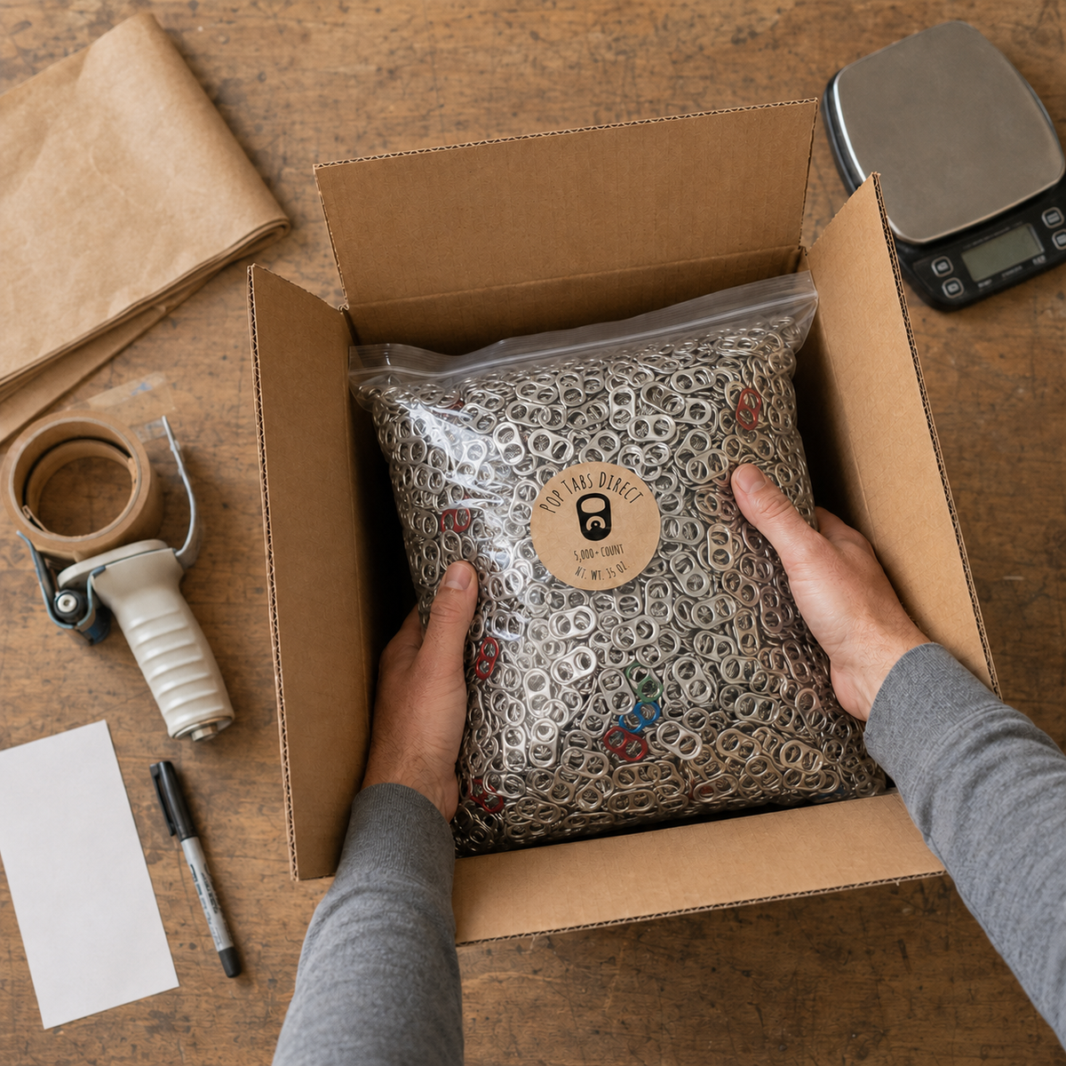 Aluminum pop tabs shown in a craft, classroom, or collection project