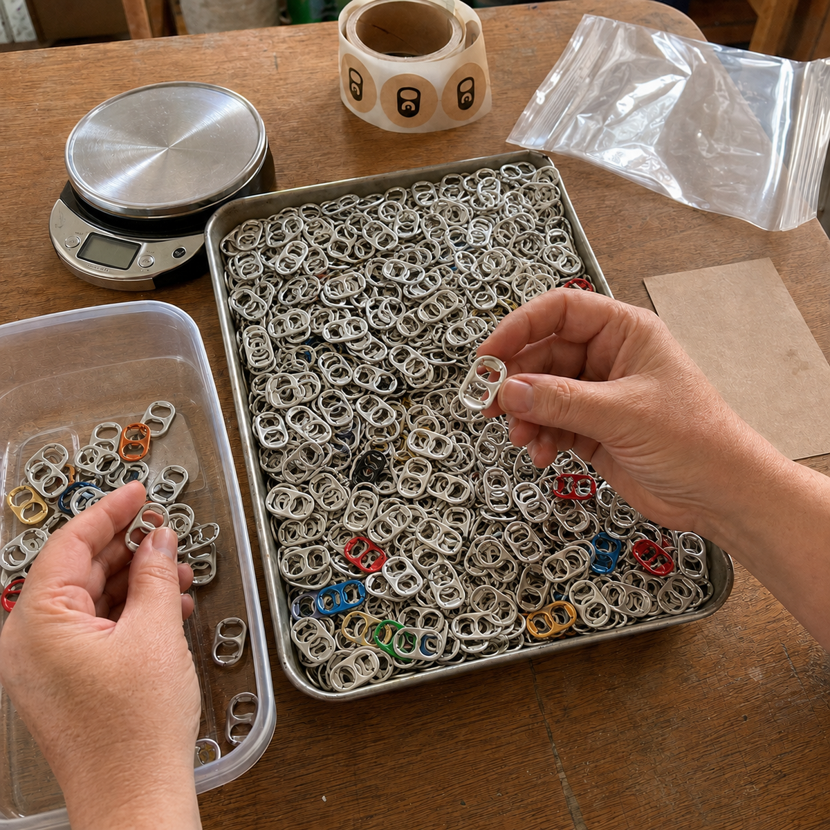 Aluminum pop tabs shown in a craft, classroom, or collection project