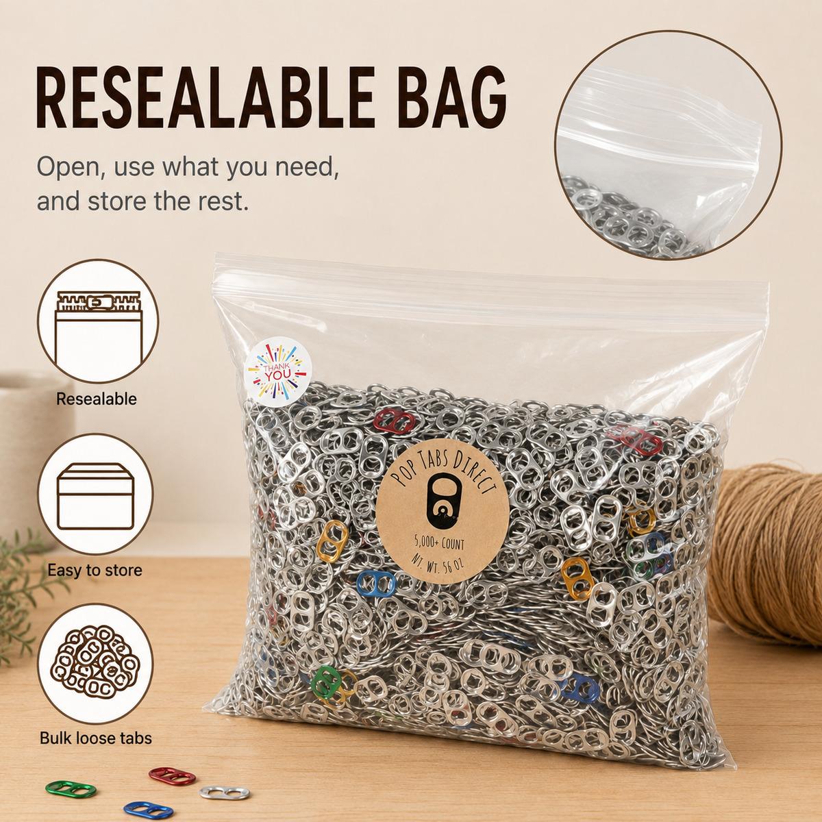 Aluminum pop tabs shown in a craft, classroom, or collection project