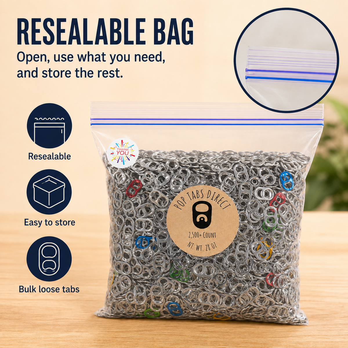 Aluminum pop tabs shown in a craft, classroom, or collection project