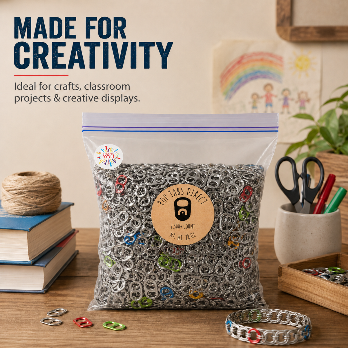 Aluminum pop tabs shown in a craft, classroom, or collection project
