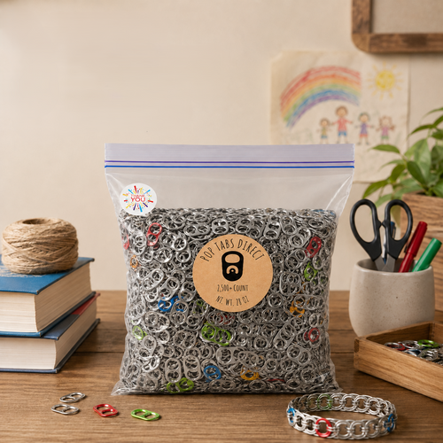 2,500+ bulk aluminum pop tabs in a clear resealable package