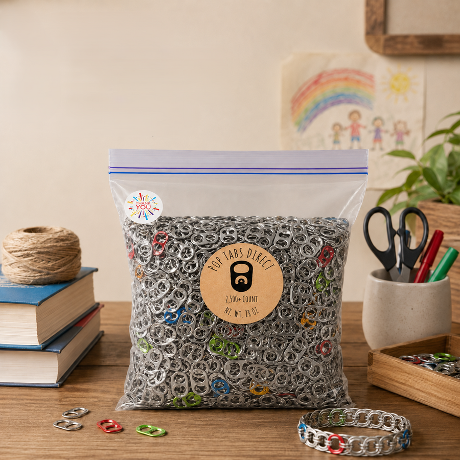 2,500+ bulk aluminum pop tabs in a clear resealable package