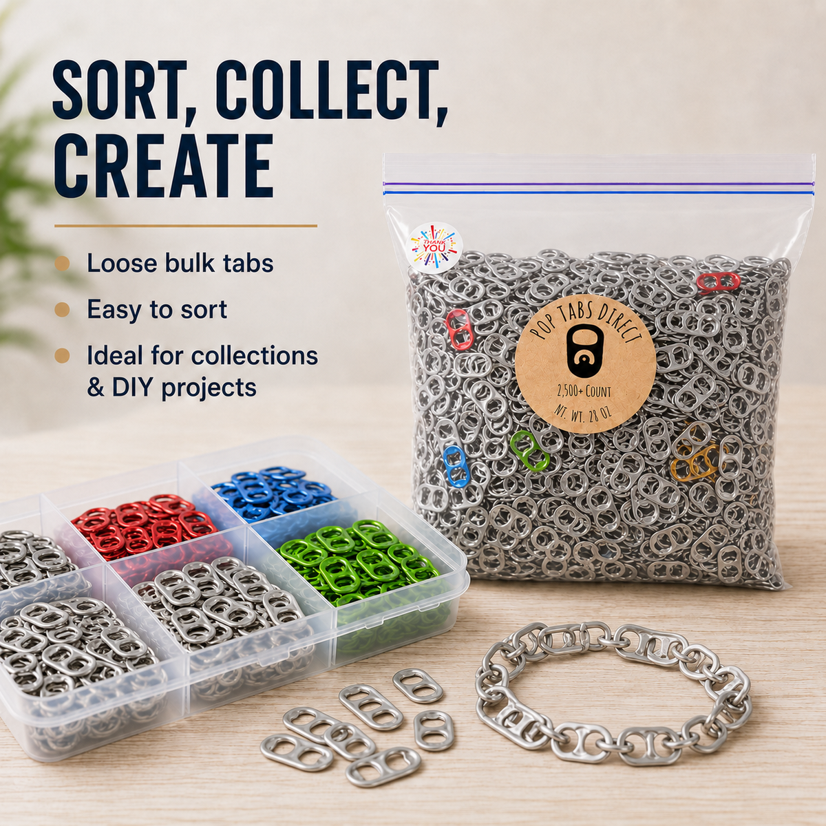 Aluminum pop tabs shown in a craft, classroom, or collection project