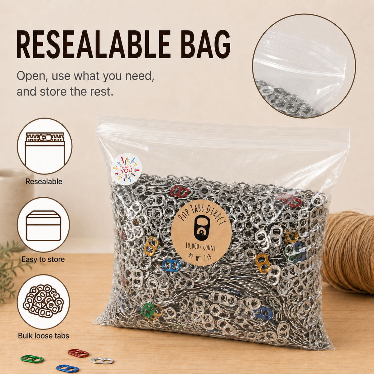 Aluminum pop tabs shown in a craft, classroom, or collection project