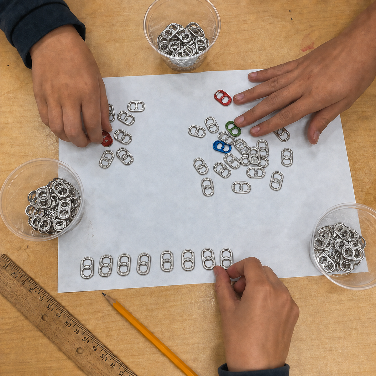 Student sorting aluminum pop tabs into collection jars at a classroom table