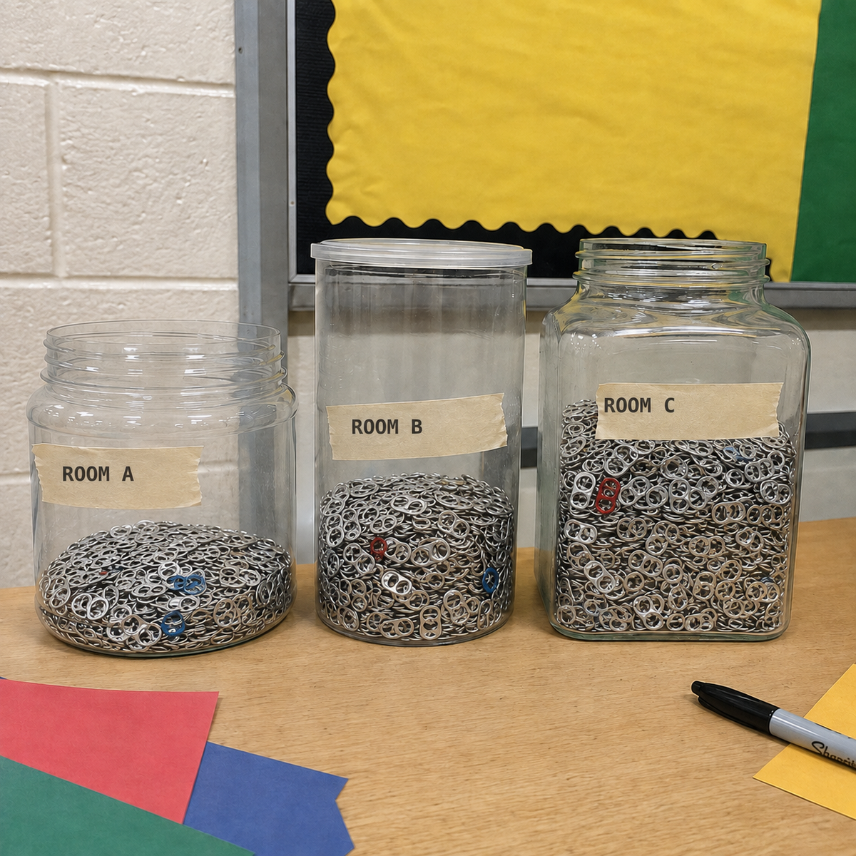 People adding aluminum pop tabs to a shared collection jar