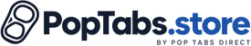 PopTabs.store logo with a dark navy circular can icon and blue brand text on a white background, with smaller text reading BY POP TABS DIRECT.