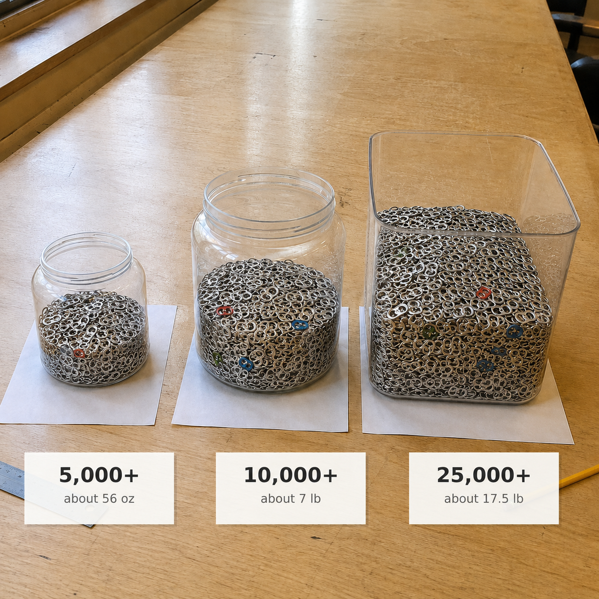 A large collection of aluminum pop tabs prepared for a community drive